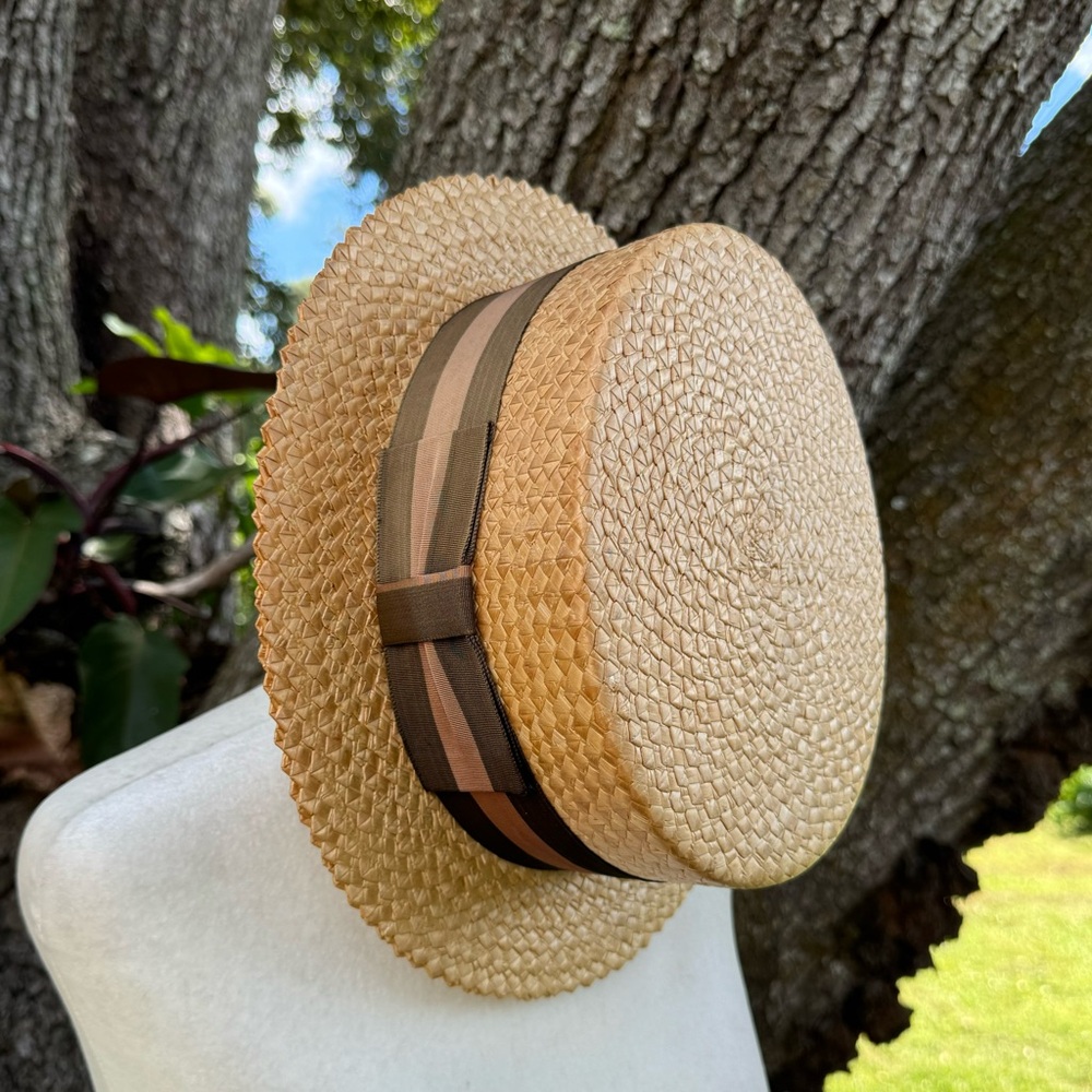 Vtg 50s Hughes Hatcher Suffrin Brown straw boaters hat Crofut & Knapp Size 7 1/4